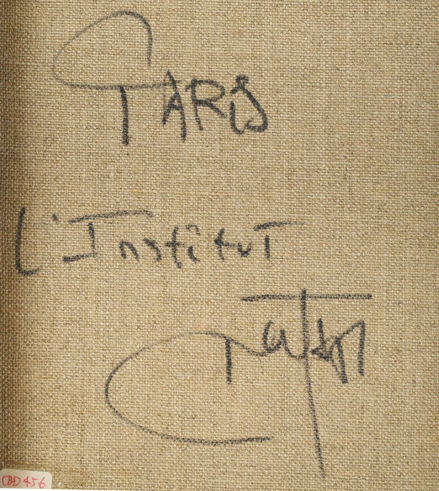 ギィ デサップ(Guy DESSAPT)「パリ、フランス学士院と馬車」油絵・仏F5号 裏書き拡大画像1