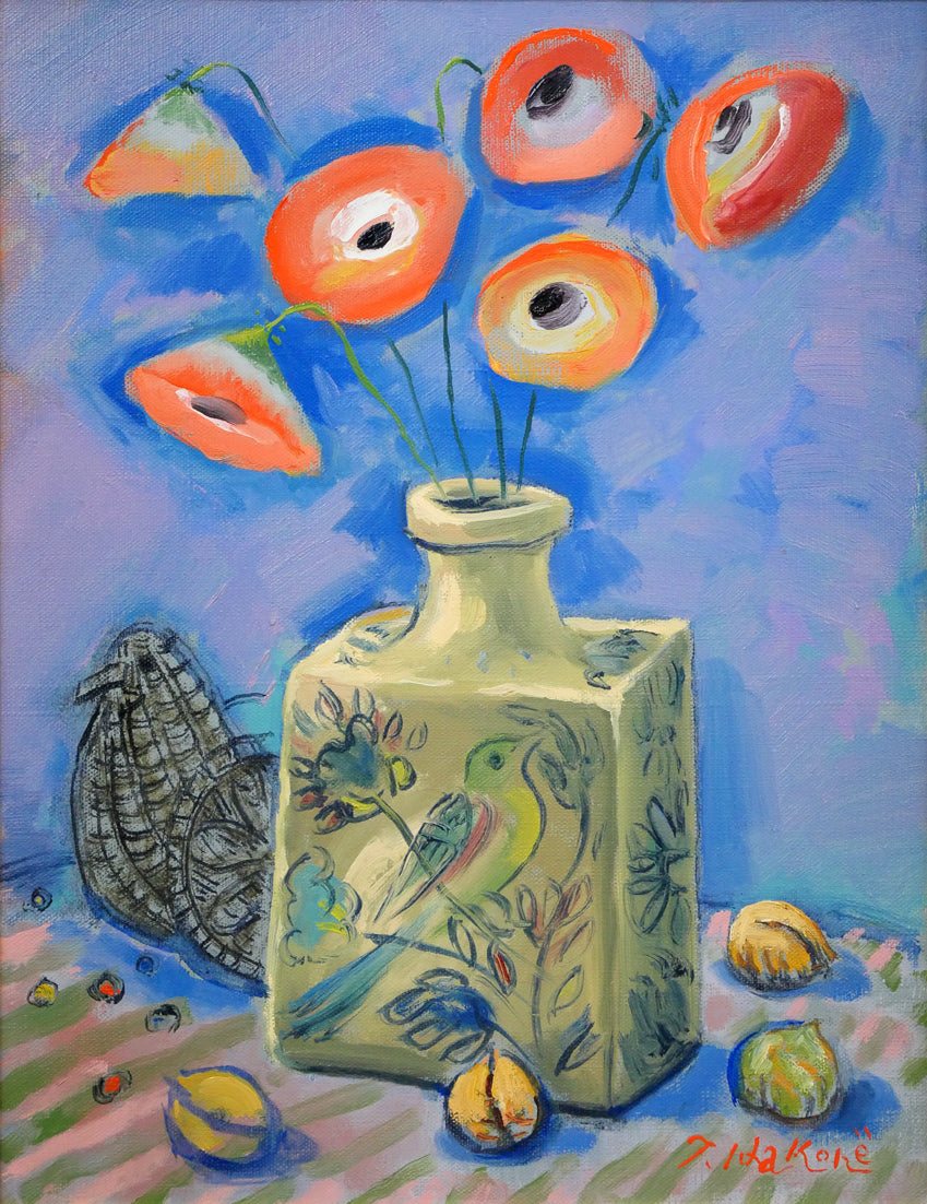 箱根寿保「鳩車とペルシャ壺」油絵・F6号 作品全体拡大画像