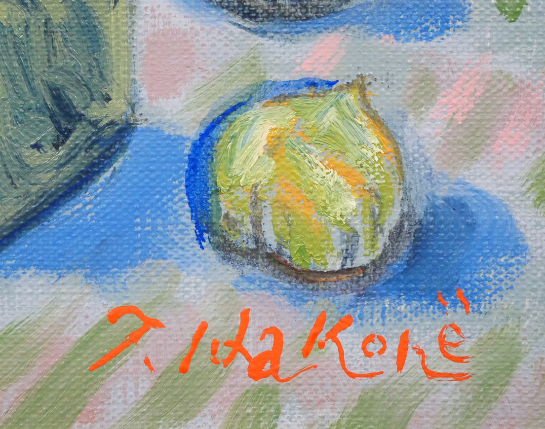 箱根寿保「鳩車とペルシャ壺」油絵・F6号 サイン拡大画像