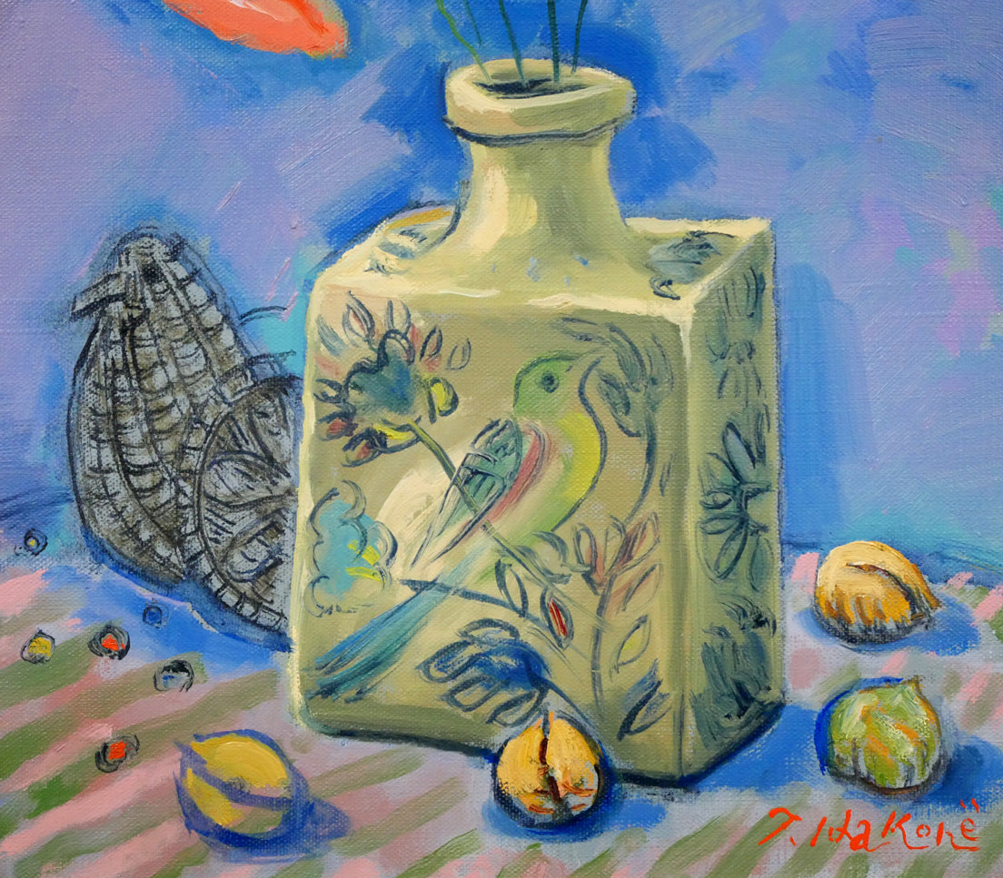 箱根寿保「鳩車とペルシャ壺」油絵・F6号 拡大画像3