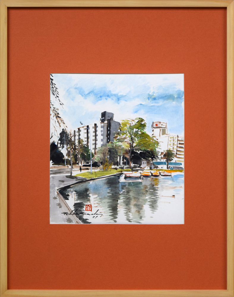 浜田泰介「中島公園よりカサ・ウィスタリアを望む」水彩画・色紙