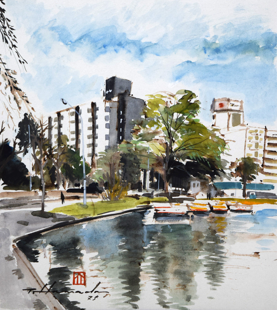 浜田泰介「中島公園よりカサ・ウィスタリアを望む」水彩画・色紙 作品全体拡大画像