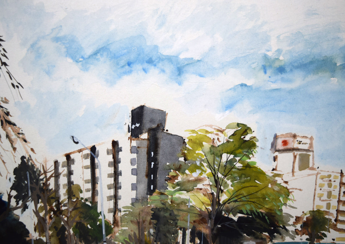 浜田泰介「中島公園よりカサ・ウィスタリアを望む」水彩画・色紙 拡大画像1