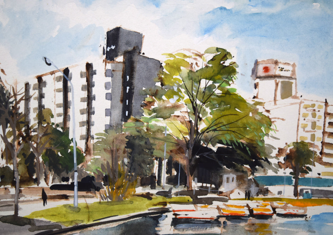 浜田泰介「中島公園よりカサ・ウィスタリアを望む」水彩画・色紙 拡大画像2