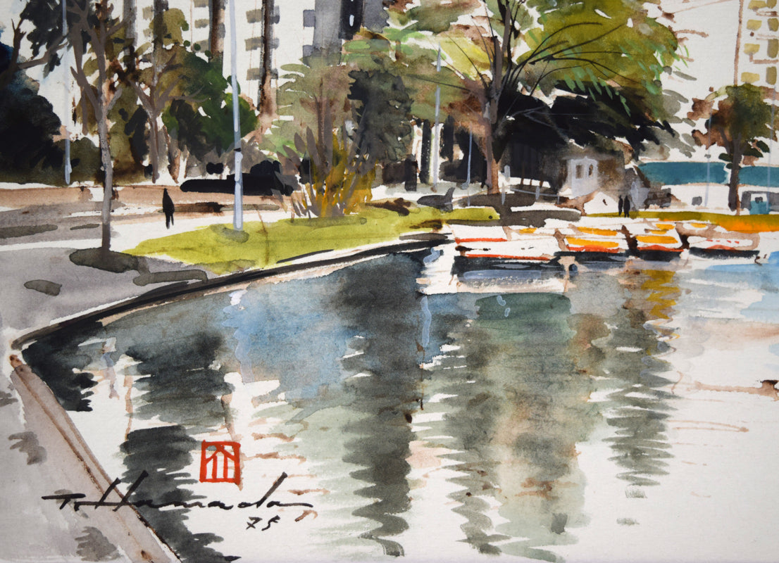 浜田泰介「中島公園よりカサ・ウィスタリアを望む」水彩画・色紙 拡大画像3