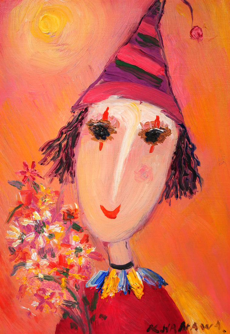 塙賢三「花束を持つ道化」油絵・SM 作品全体画像