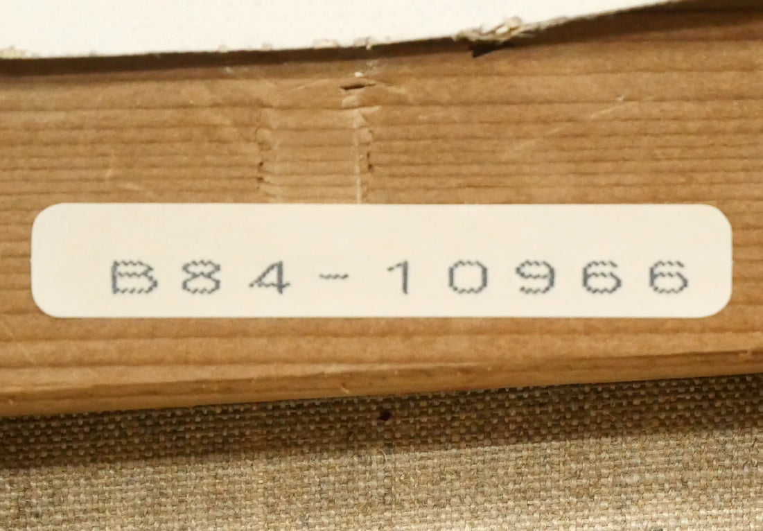 塙賢三「花束を持つ道化」油絵・SM 裏側拡大画像(「一枚の繪」管理番号シール)