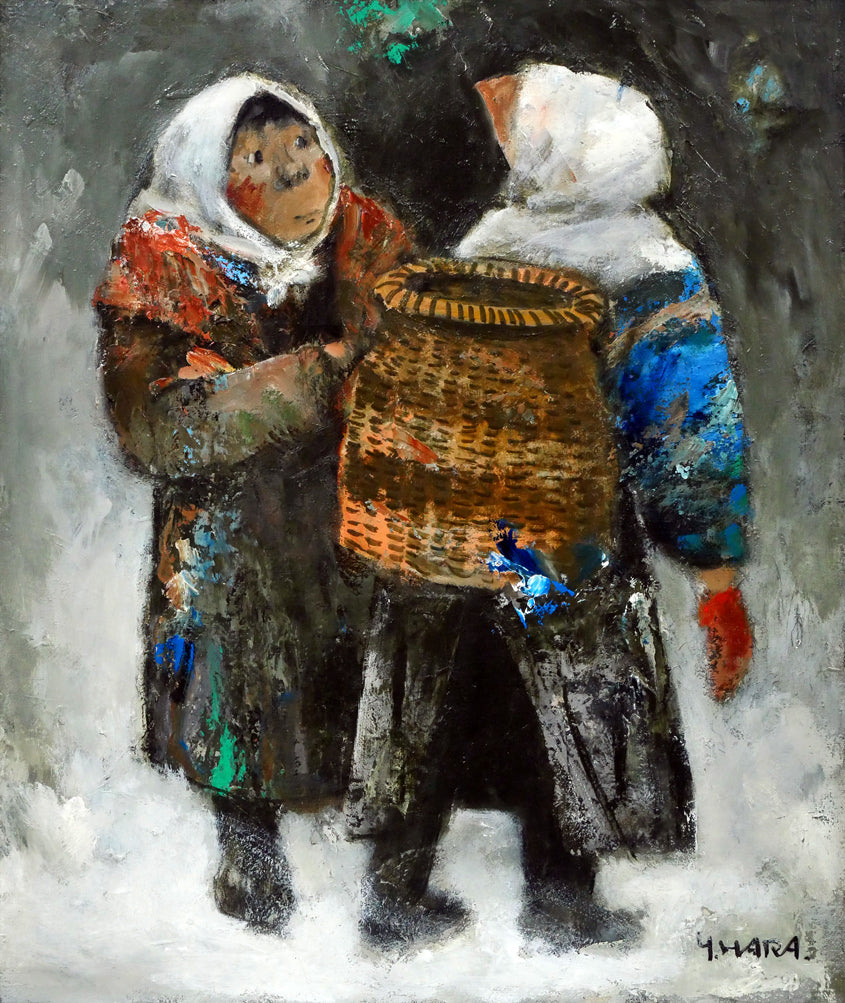 原義行「立話」油絵・F8号 作品全体画像