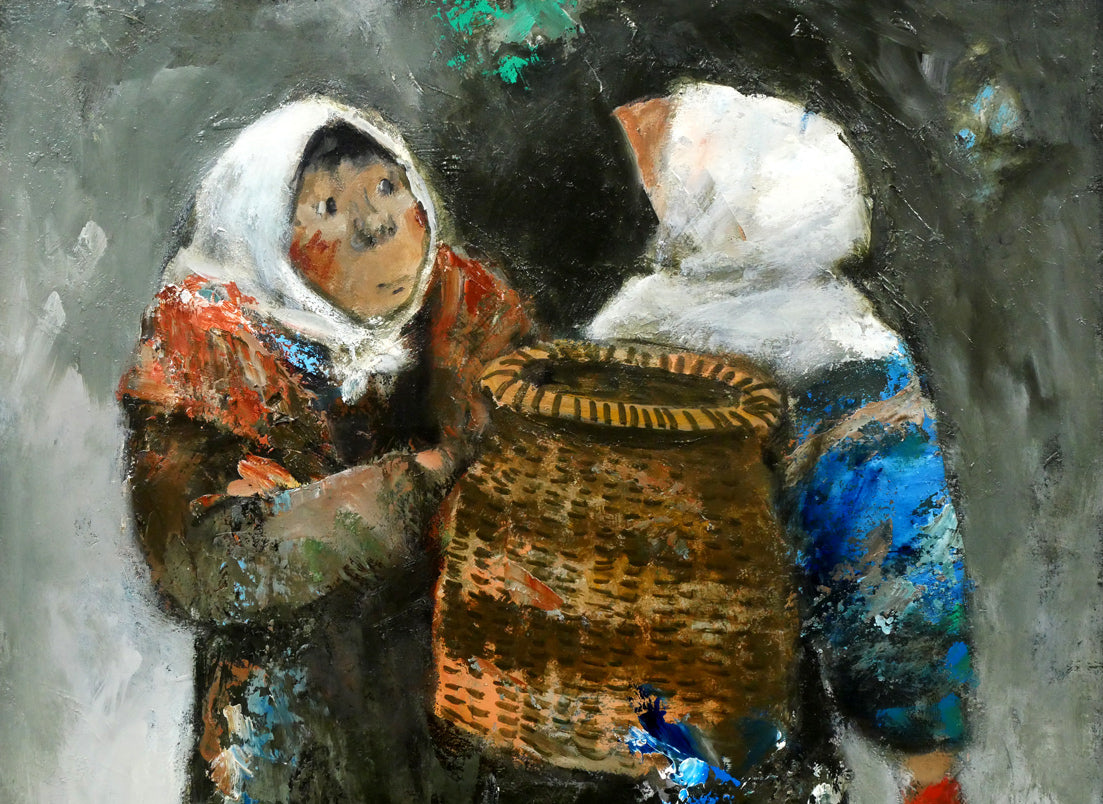 原義行「立話」油絵・F8号 拡大画像1