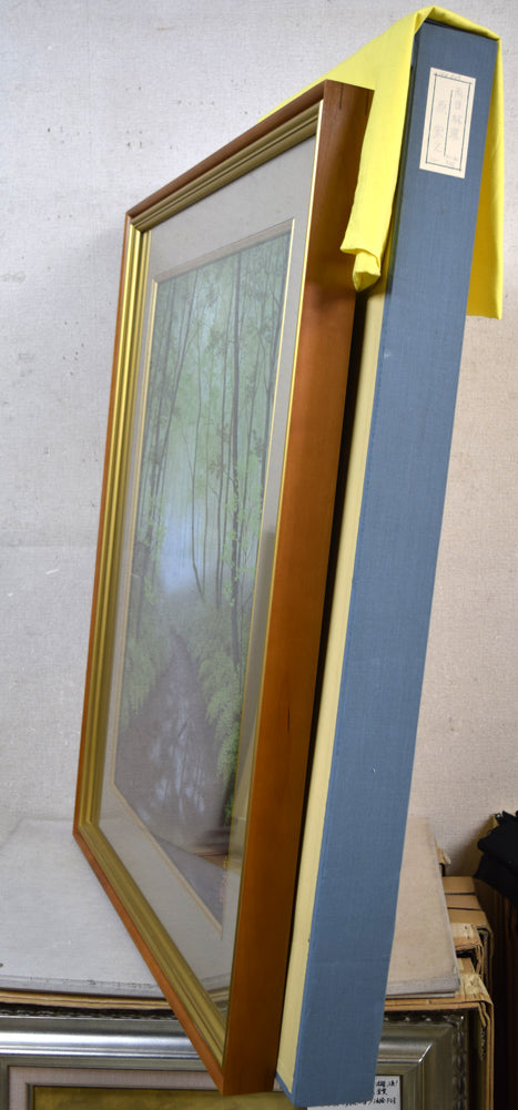 原宏之「雨後林道」日本画・P20号 付属品画像(黄袋、布タトウ箱付き)