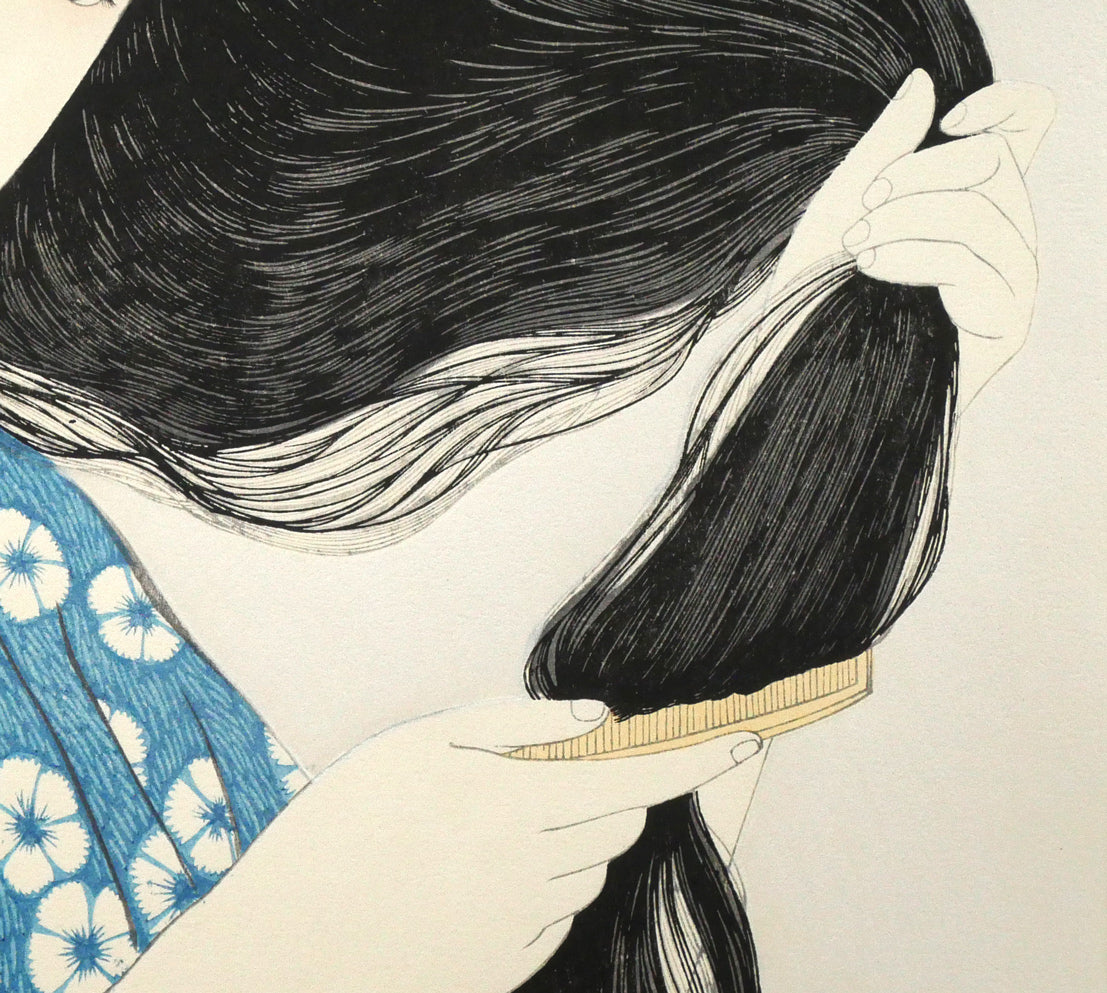 橋口五葉「髪梳ける女」木版画(雲母摺り) 拡大画像4