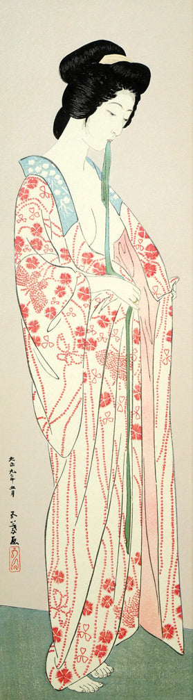 橋口五葉「長襦袢の女」木版画 作品全体拡大画像