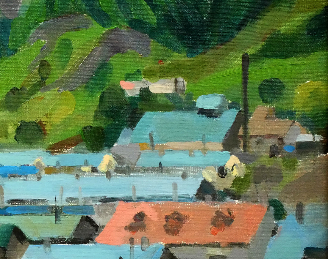 畠山哲雄「硑山(ズリ山)の部落・夏」油絵・F8号 拡大画像4