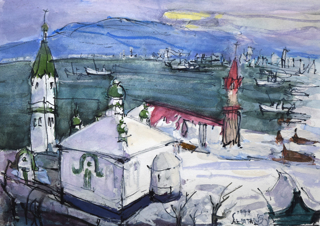 波多野清一「函館(ハリストス正教会)」水彩画・4号 作品全体拡大画像