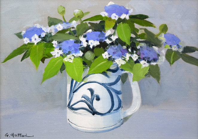 服部譲司「タマアジサイ」油絵・F4号 作品全体拡大画像