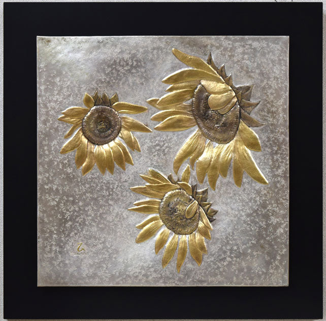 飛鷹岸男「ひまわり」金属工芸レリーフ額装