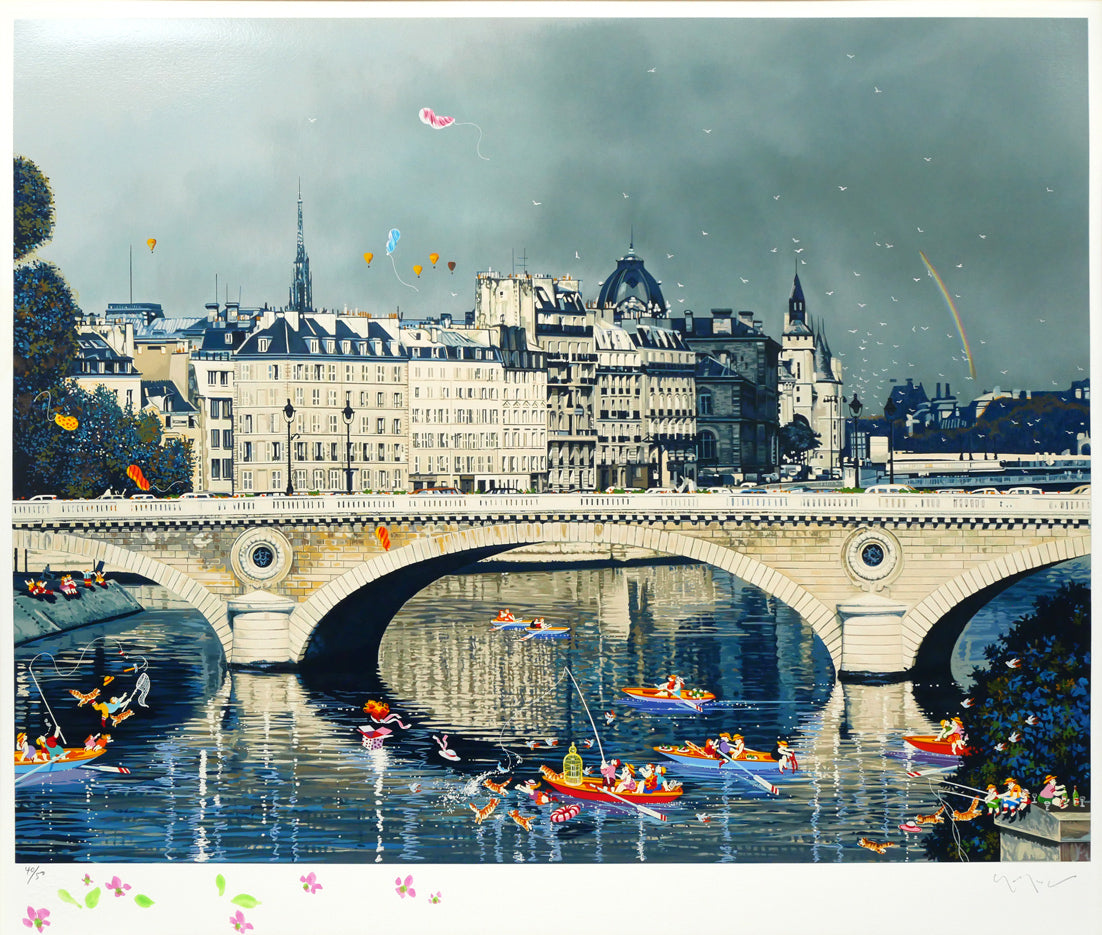 山形博導(ヒロヤマガタ)「キャッツ オン セーヌ(リマーク版)」シルクスクリーン版画 作品全体画像