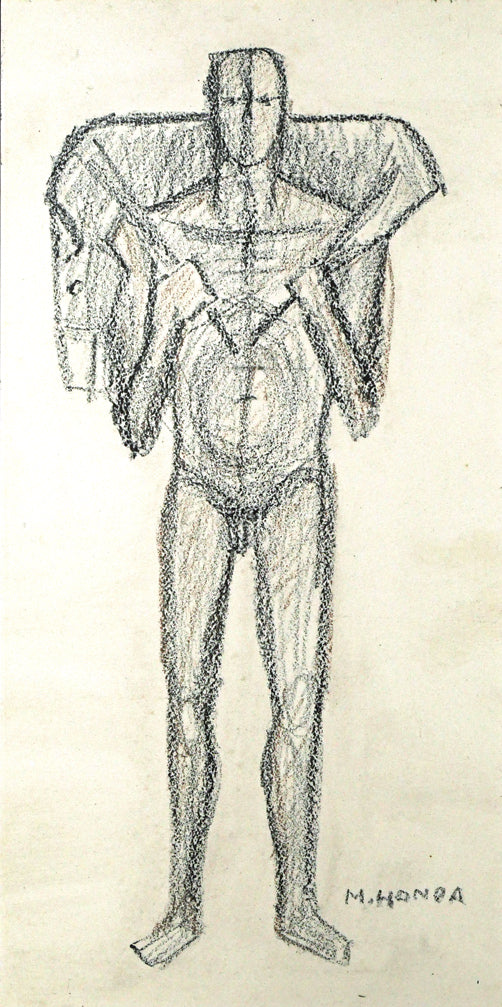 本田明二「けものを背負う男」陶板画レリーフ作品 作品全体画像