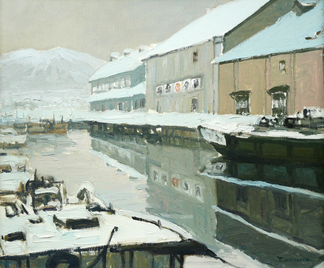 本間武男「小樽運河」油絵・F8号 作品全体拡大画像