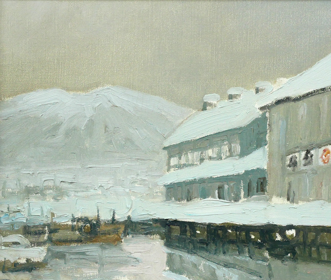 本間武男「小樽運河」油絵・F8号 拡大画像1