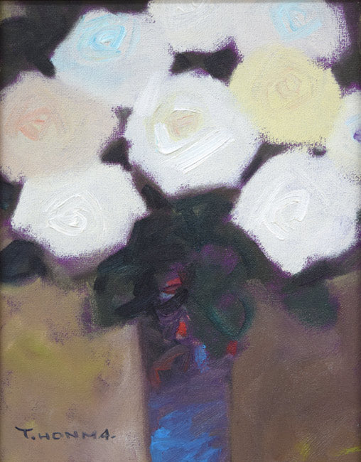 本間 武男「バラ」油絵・F0号 作品全体拡大画像