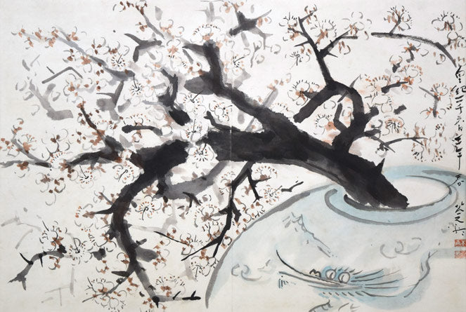 本間莞彩「梅の図」墨彩画・8号 作品全体拡大画像