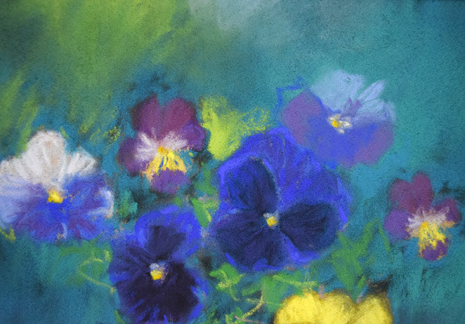 本間 武男「パンジー」パステル画・SM 拡大画像1