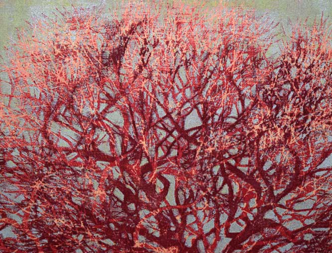 星襄一「赤い木」木版画 拡大画像2