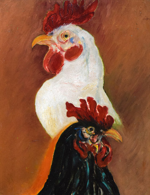 市川純彦「にわとり」油絵・F6号 作品全体拡大画像