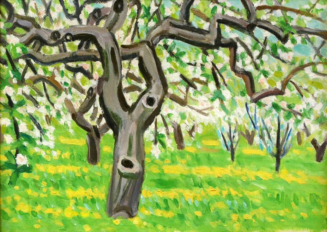 一木万寿三「リンゴ畑」油絵・F4号 作品全体画像