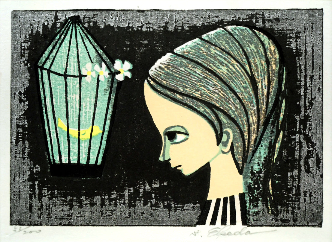 池田修三「とりかご(カナリヤ)」木版画 作品全体画像