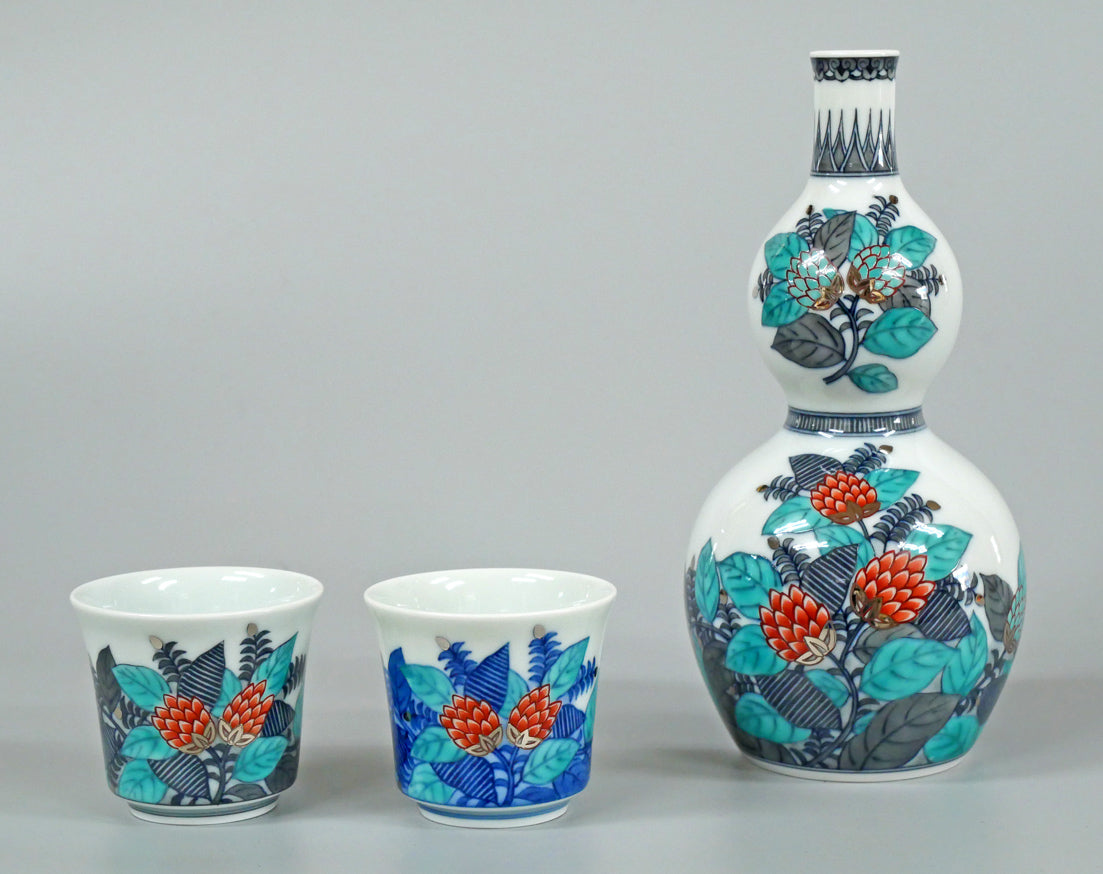 十四代今泉今右衛門「色絵墨色・藍色墨はじき草花文酒器(3点1組)」共箱