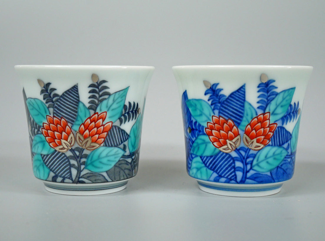 十四代今泉今右衛門「色絵墨色・藍色墨はじき草花文酒器(3点1組)」共箱 盃画像1