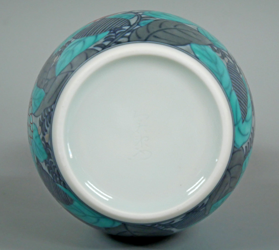 十四代今泉今右衛門「色絵墨色・藍色墨はじき草花文酒器(3点1組)」共箱 徳利裏側画像