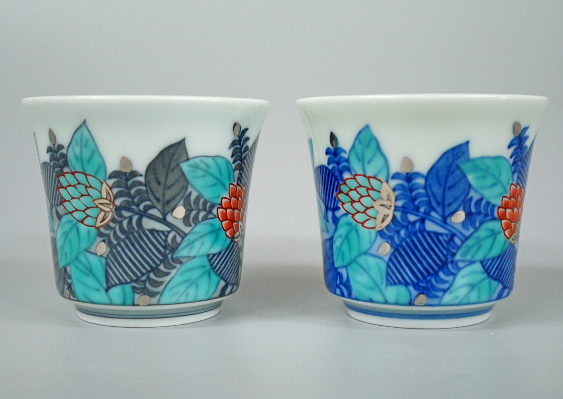 十四代今泉今右衛門「色絵墨色・藍色墨はじき草花文酒器(3点1組)」共箱 盃画像2