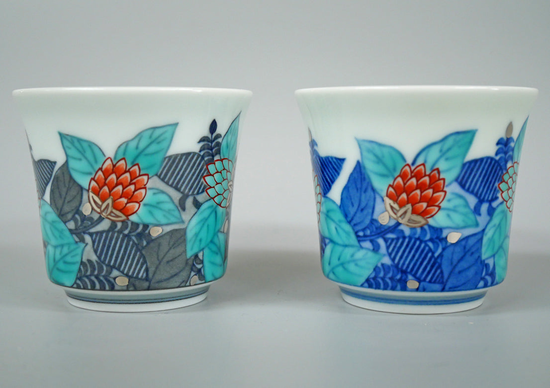 十四代今泉今右衛門「色絵墨色・藍色墨はじき草花文酒器(3点1組)」共箱 盃画像3