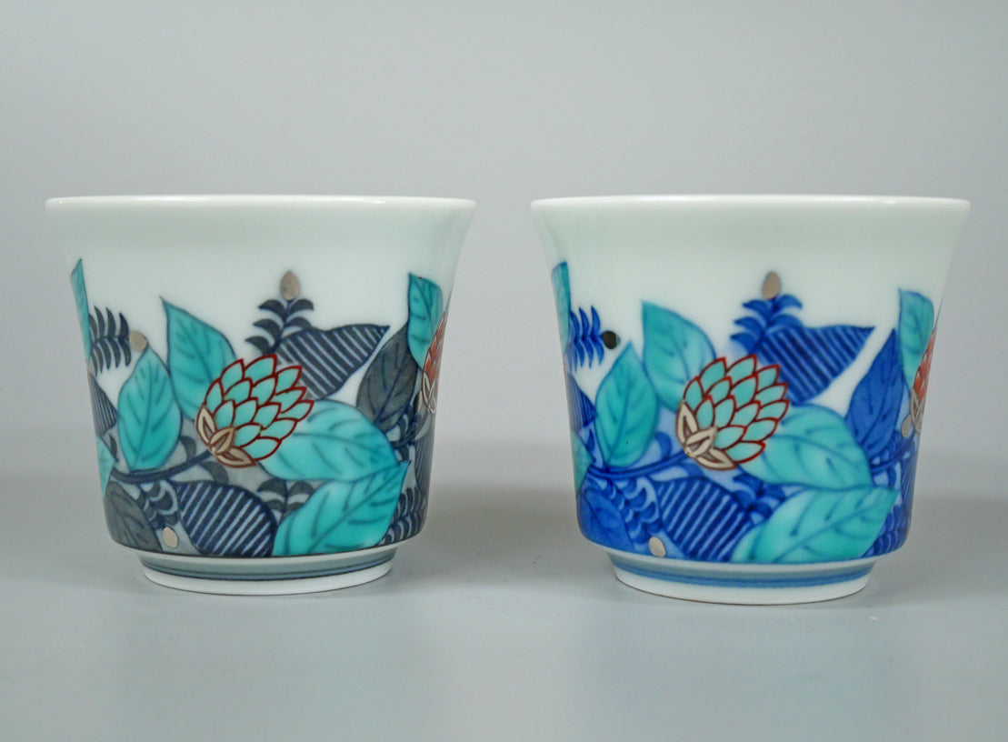 十四代今泉今右衛門「色絵墨色・藍色墨はじき草花文酒器(3点1組)」共箱 盃画像4