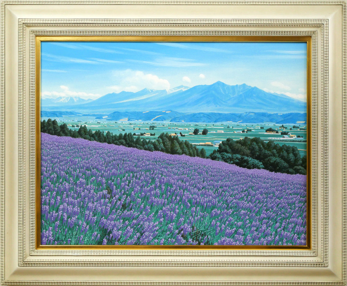 石川雄一「ラベンダーと十勝岳(富良野)」油絵・P15号