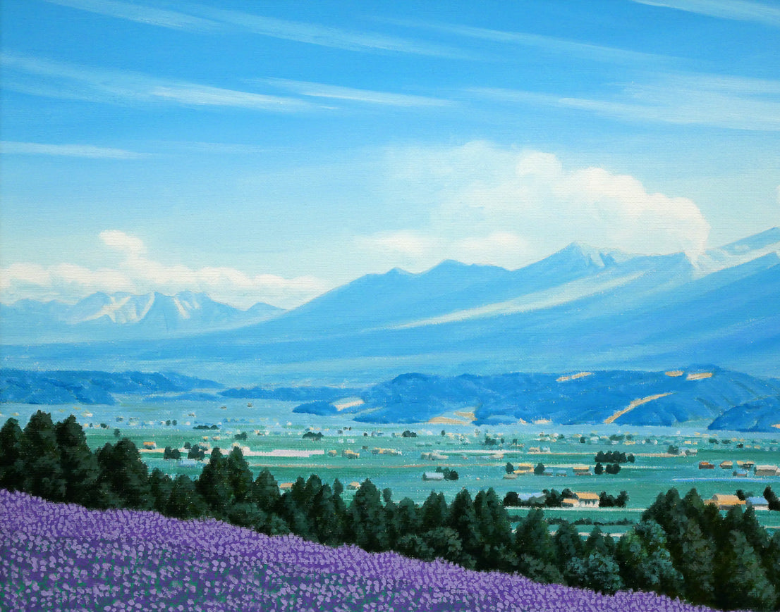 石川雄一「ラベンダーと十勝岳(富良野)」油絵・P15号 拡大画像1