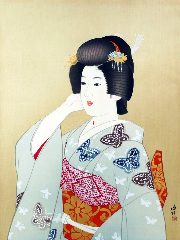 伊東深水「初島田」木版画 作品全体拡大画像