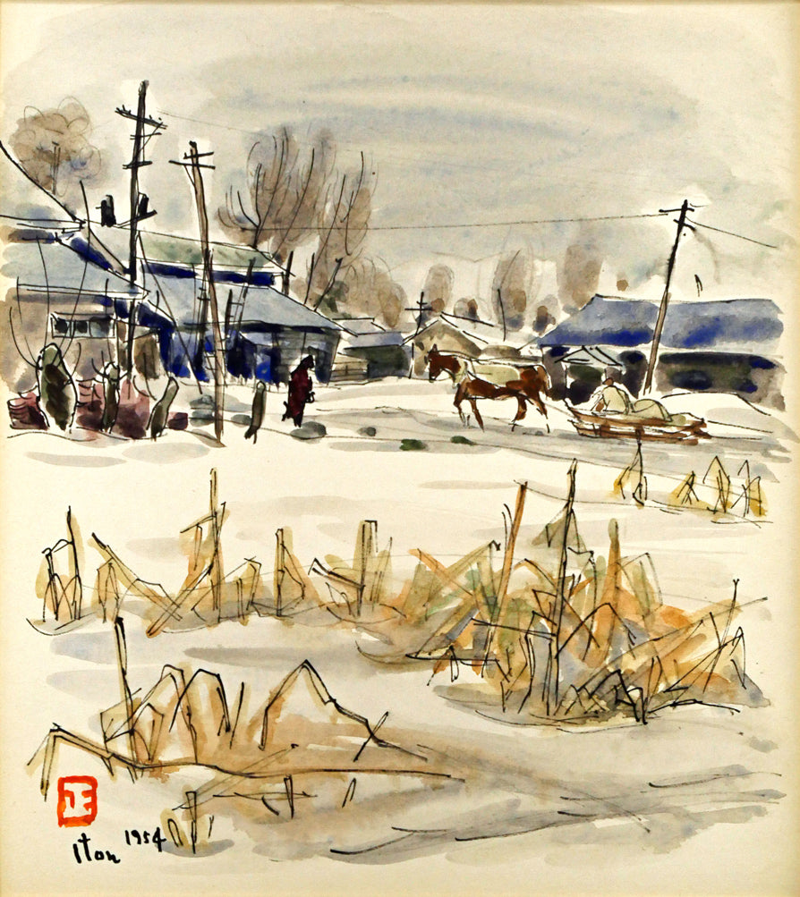 伊藤正「馬橇のある風景」水彩画 作品全体画像