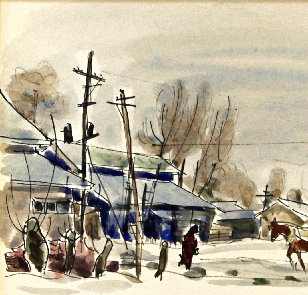 伊藤正「馬橇のある風景」水彩画 拡大画像1