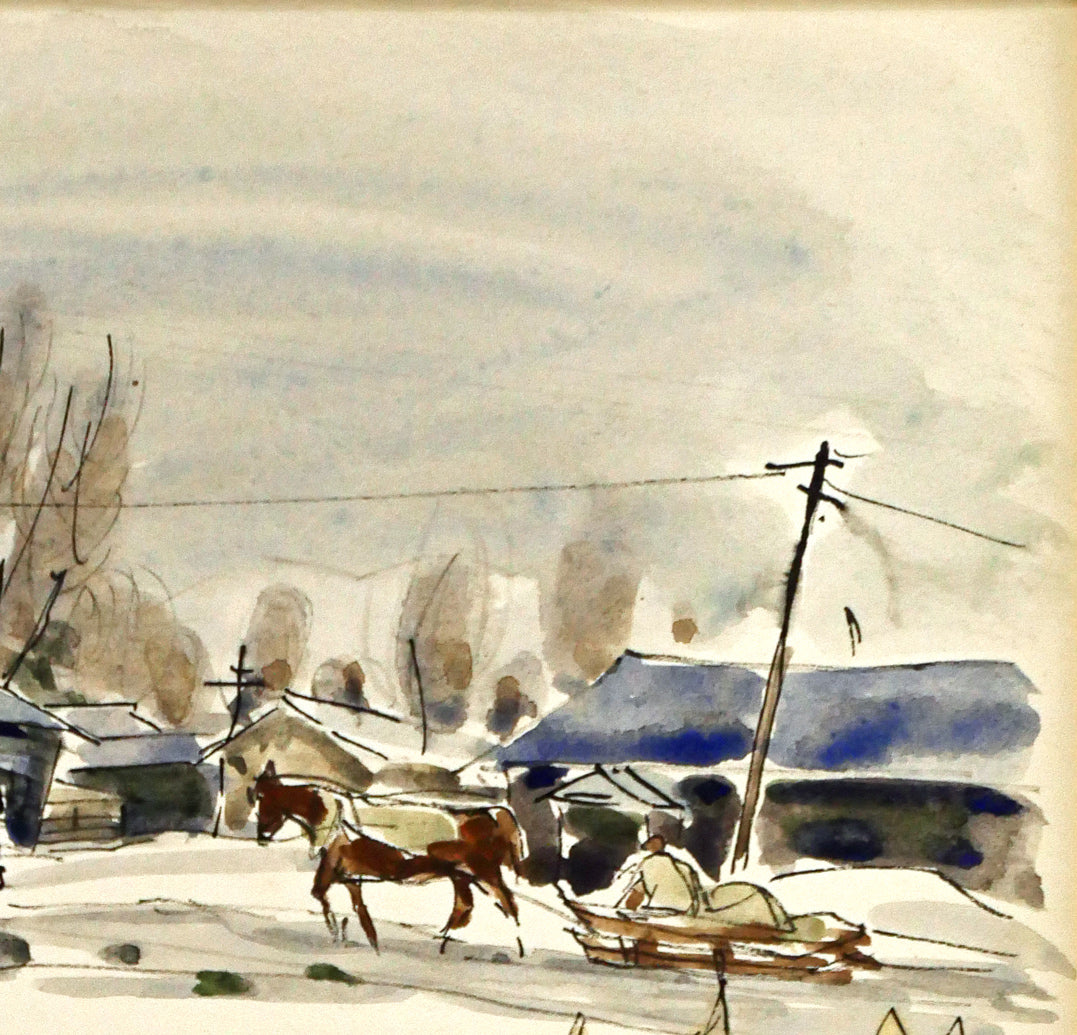 伊藤正「馬橇のある風景」水彩画 拡大画像2