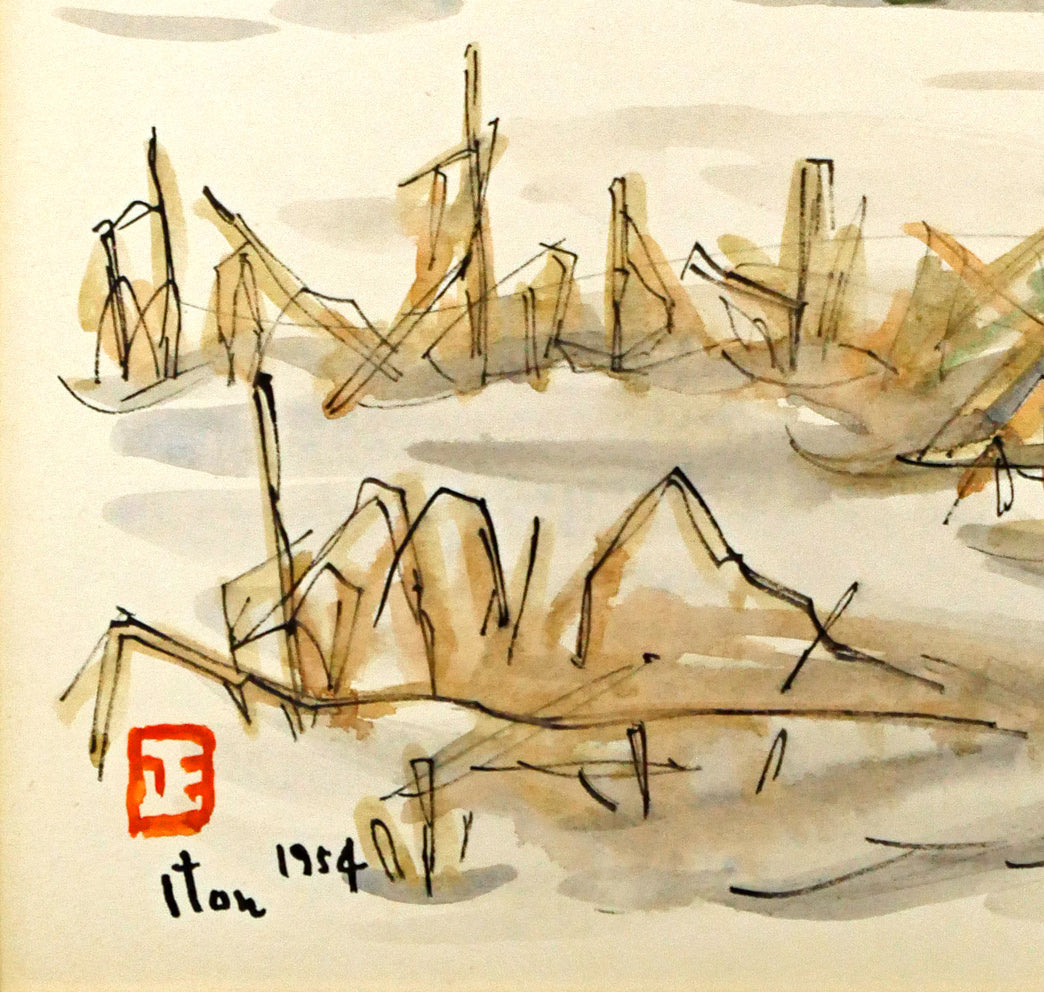 伊藤正「馬橇のある風景」水彩画 拡大画像3