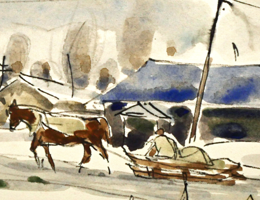 伊藤正「馬橇のある風景」水彩画 拡大画像6
