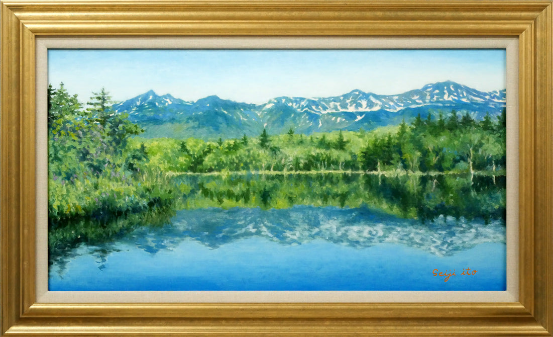 伊藤晴二「知床五湖と知床連峰」油絵・変形20号