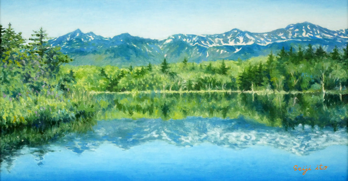 伊藤晴二「知床五湖と知床連峰」油絵・変形20号 作品全体画像