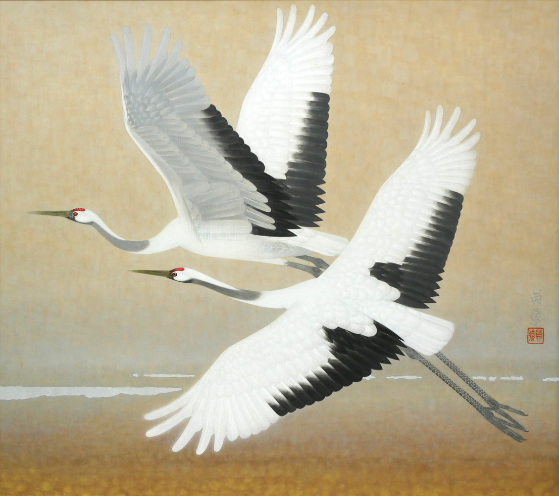 岩橋英遠「双鶴」日本画・10号大 作品全体拡大画像