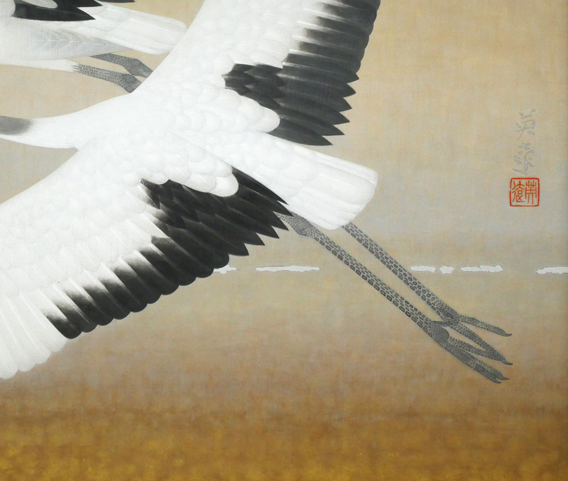 岩橋英遠「双鶴」日本画・10号大 拡大画像4