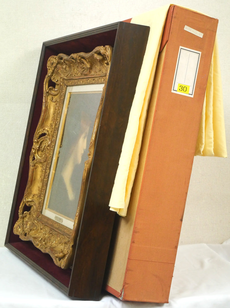 ジャン=ジャック エンネル(Jean=Jacques HENNER)「青いリボンの少女」油絵・仏F4号 付属品画像(黄袋、布タトウ箱付き)